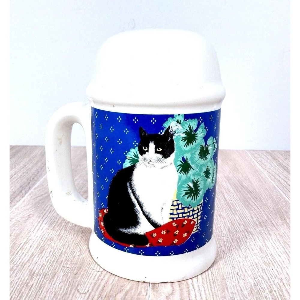 Vintage Cat Ceramic Sugar Shaker Muffineer Handled Mug Blue White Christmas